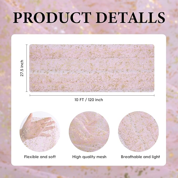 Artoid Mode Gold Gauze Pink Table Runner 120 Inch 10FT, Glitter Metallic Foil Sheer Dining Wedding Anniversary Holiday Birthday Table Decor for Home Party