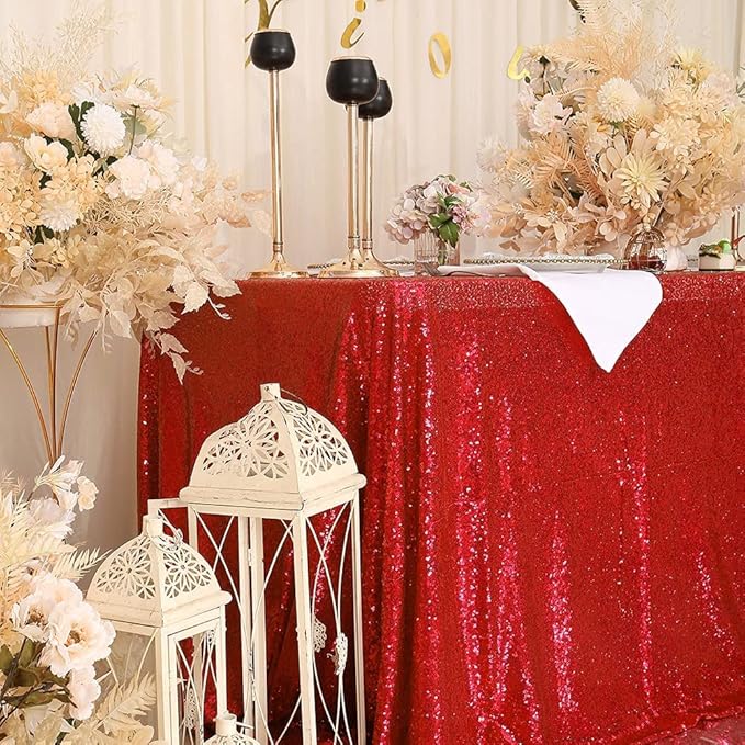 Eternal Beauty Red Tablecloth, 90x156 Inch Sequin Christmas Rectangle Table Cover for Valentines Cake Dessert Exhibition Party Birthday Events