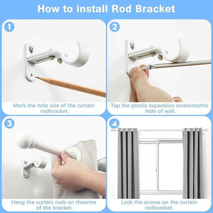 Curtain Rods for Windows 16 to 48 Inches, Curtain Rod Max Adjustable Length of 60 IN, 6/8" Diameter Drapery Rods Round Finials, White, Pack of 1