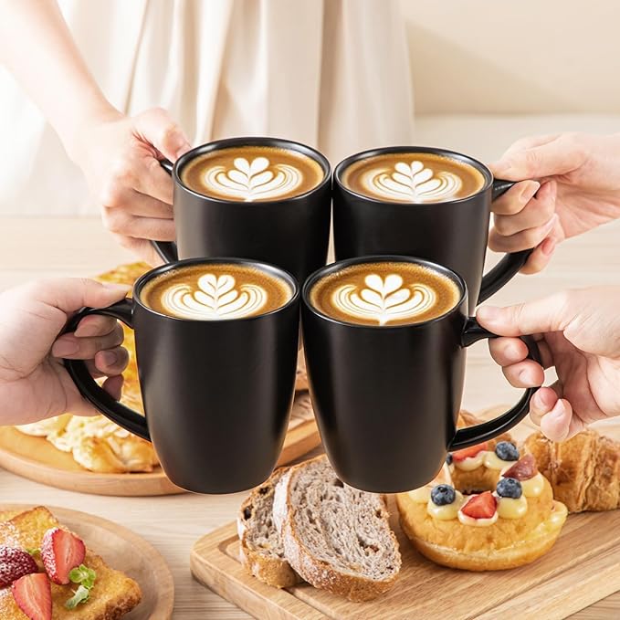 vancasso PLAYA Ceramic Coffee Mug Set of 6, 16 Oz Tea Cups with Handle for Latte, Tea, Cappuccino, Milk, Cocoa, Microwave&Dishwasher Safe, Black