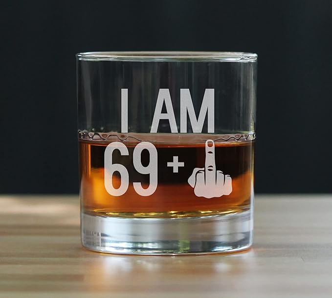 Bevvee 69 + 1 Middle Finger - Funny 70th Birthday Whiskey Rocks Glass Gifts for Men & Women Turning 70 - Fun Whisky Drinking Tumbler