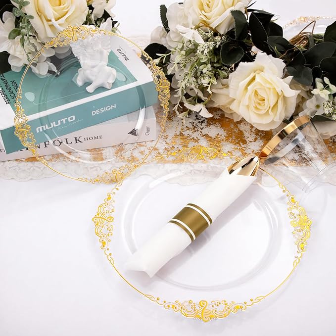 Nervure 175PCS Clear Gold Plastic Plates - Disposable Gold Party Plates & Pre Rolled Napkins with Cutlery for 25 Guests, 50Plates, 75Silverware, 25Cups, 25Napkin for Wedding & Party
