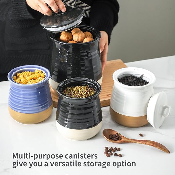 HASENSE Ceramic Kitchen Canister, 75 OZ Coffee Canister with Lid, Airtight Food Storage Jar for Coffee Bean, Nuts, Candy, Spice, Flour and Herb, Large Food Container, Kitchen Decor, Black