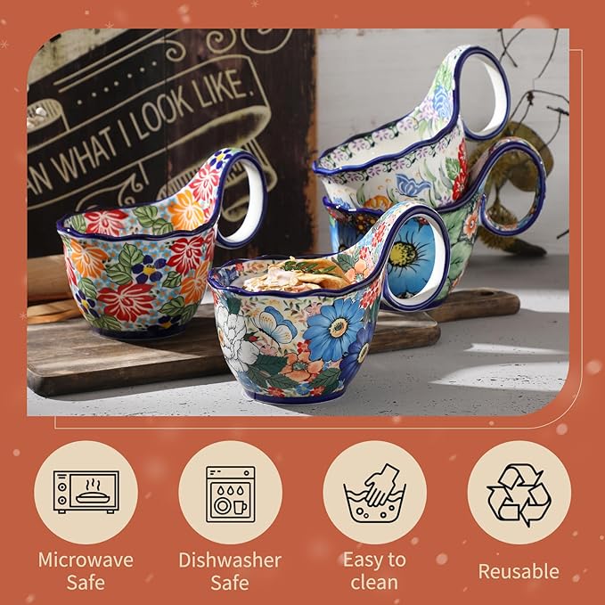 ALMA 2025 Updated Microwavable Soup Bowl with Large Long Handle,18oz Soup Bowl Giftable for Women,Unique Cereal Bowl for Soup,Yogurt,Snack,Chip,Stew,Ice cream-Wildflower Waltz Theme