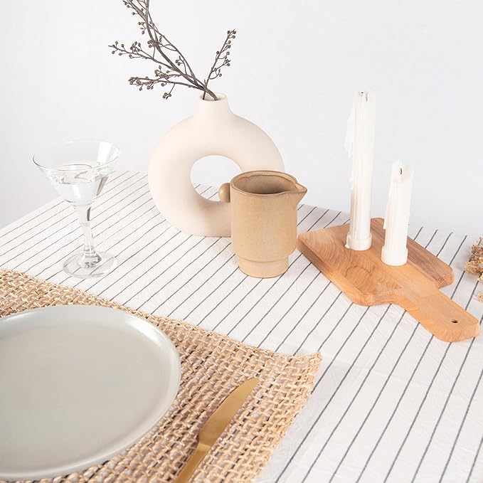 MONDAY MOOSE Striped Farmhouse Picnic Style Decoration Rectangle Natural Stonewashed Cotton Tablecloth for Kitchen, Dining Room, Restaurant (60x86 inch, White/Black Stripes)