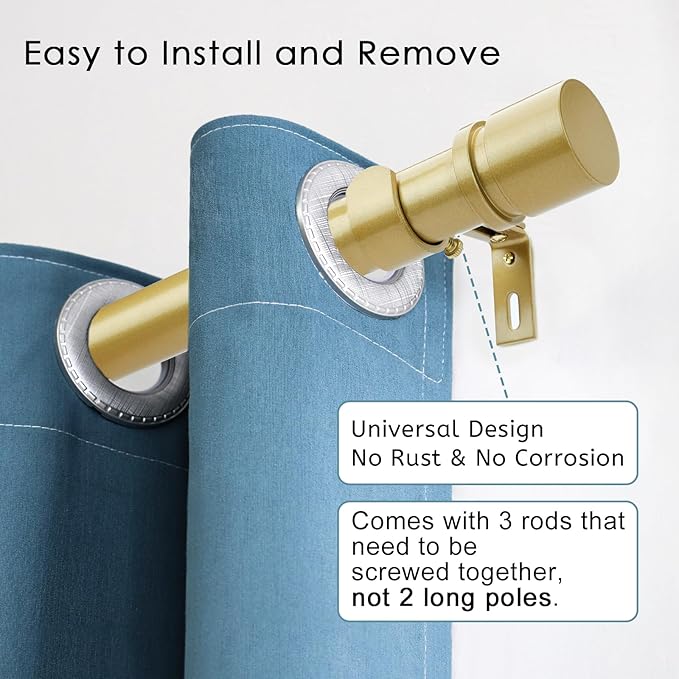 Curtain Rods for Windows 16 to 48 or 60 Inches Max Adjustable Length 1 Inch Diameter Window Curtain Rod with Aluminium Finials, Flash Gold
