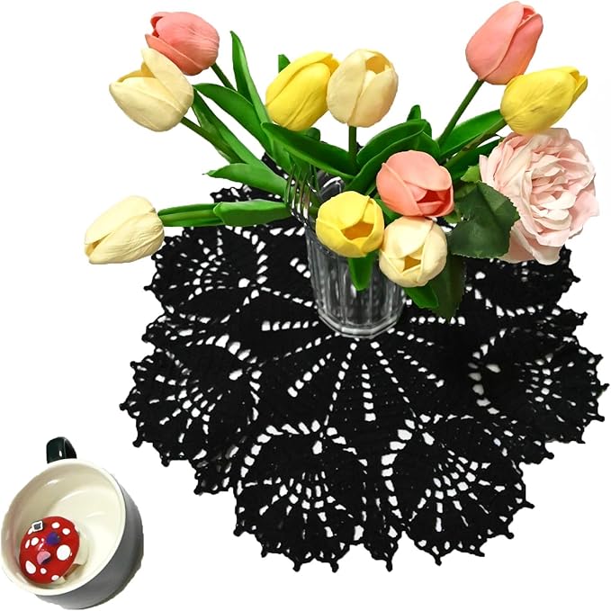 BIBITIME Tulip Flower Doilies Lace Doilies Kitchen Table Doily Mats Tablecloth Handmade Crochet Placemats Vase Dish Plate Mat (1 PC- 15 inches- 16 inches, Black)