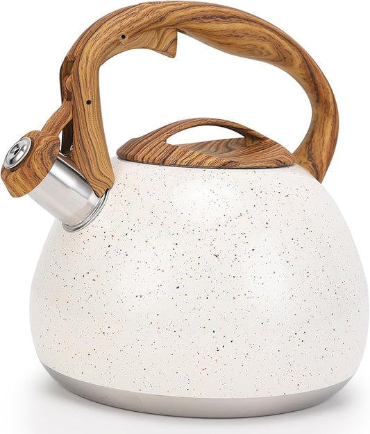 Tea Kettle, Vegoran 100 OZ / 3 Liter Whistling Tea Kettle, Tea Pots for Stove Top Food Grade Stainless Steel with Wood Pattern Folding Handle, Loud Whistle Kettle for Tea, Coffee, Milk (B-White)