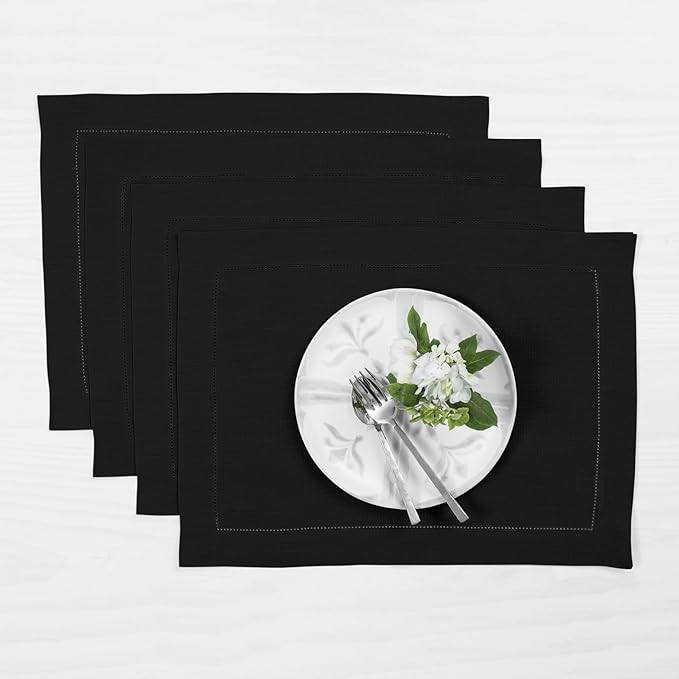 Solino Home Linen Placemats Set of 4 - Classic Hemstitch Black Placemats 14 x 19 Inch - 100% Pure Linen Table Mats for Winter, Spring, Easter