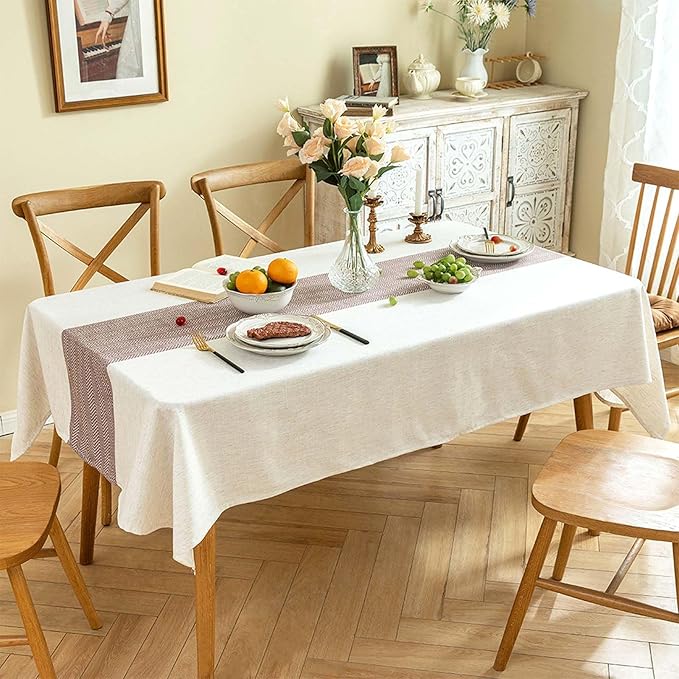 SIELUNO Rectangle Tablecloth Cotton Linen Waterproof Table Cloth Rustic Farmhouse Table Cover for Holiday Parties Christmas Kitchen Dining Decoration-Beige and Coffee-54 x102