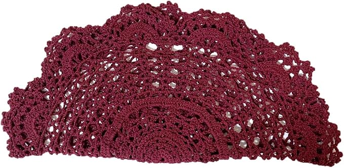 BIBITIME 2 PCS 15 inches to 16 inches Doilies Kitchen Handmade Placemats Round Crochet Flower Cup Mug Mat Table Doily (Wine Red)