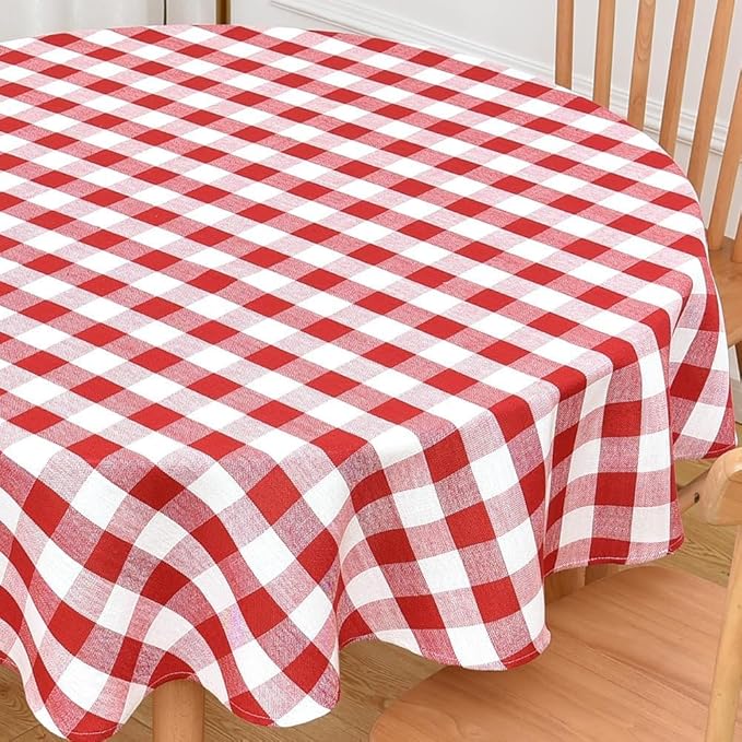 Gingham Table Cloth for Round Tables red Checkered Plaid Tablecloth Heavy Duty Cotton Blend Washable & Wrinkle Table Cover for Outdoor Kitchen Dining Picnic Camping (60 inch Diameter)