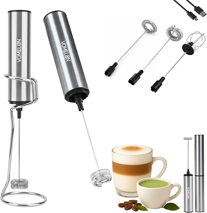 Rechargeable Milk Frother with Stand, Electric Whisks Foam Maker, POWERFUL USB C 2 Speed Handheld Drink Mixer for Coffee, Latte, Cappuccino, Matcha Drinks,Silver