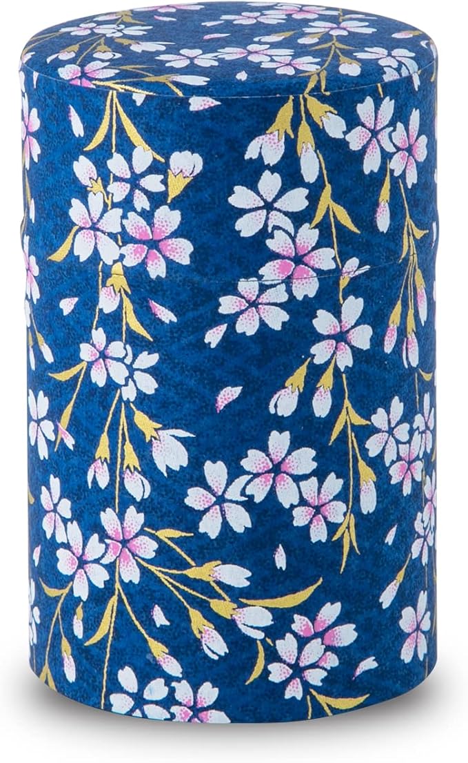 NOREN Japanese Tea Canister Tin (Yuzen Washi Paper), 3.5oz Size Made in JAPAN with Includes Inner Lid of Airtight Damp-Proof/Kitchen Jar for Loose Leaf Coffee Tea (Sakura of Kyoto/Navy)