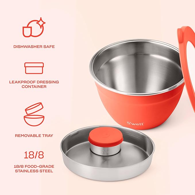 S'well Stainless Steel Salad Bowl Kit 64oz, Radiant Coral, Comes with 2oz Mini Canister and Removable Tray for Organization, Leakproof, Easy to Clean, Dishwasher Safe