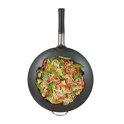 Restaurantware-Motomori 14 Inch Pre-Seasoned Carbon Steel Wok, 10 Traditional Japanese Woks - Round Bottom, Wooden Handle, Black Carbon Steel Traditional Stir Fry Pans, With Helper Handle