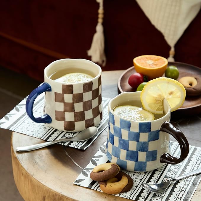 Retro Checkered Ceramic Coffee Mug 16Oz - Extra Large Handle, Microwave Safe Vintage Patterned Tea Cup for Home, Office Brown and White Checkered Pattern, Blue Handle