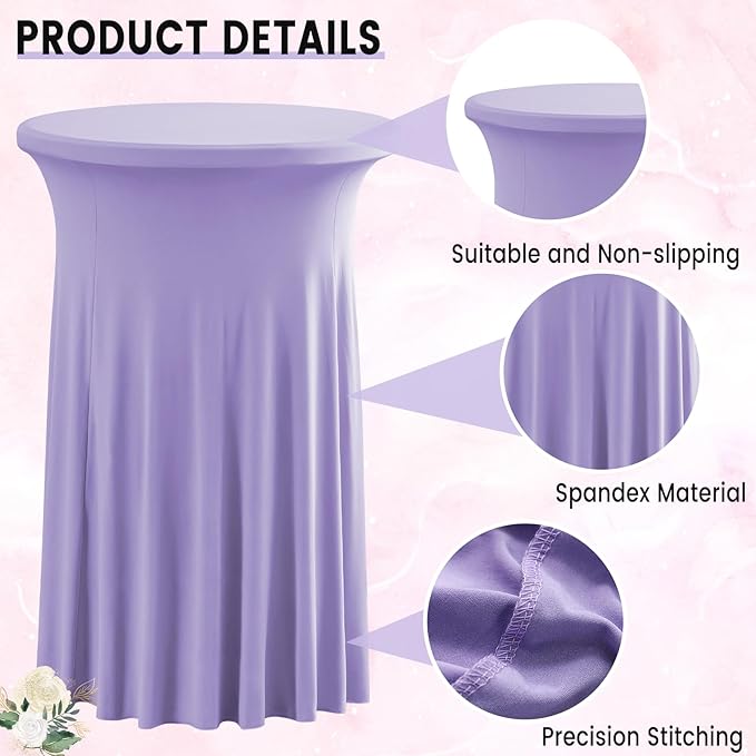 Qubjus 2 Pack Round Cocktail Table Covers with Skirt Stretch Spandex Tablecloth 32"x43" Cocktail Round Tablecloth for Party Wedding Birthday Banquet, Light Purple
