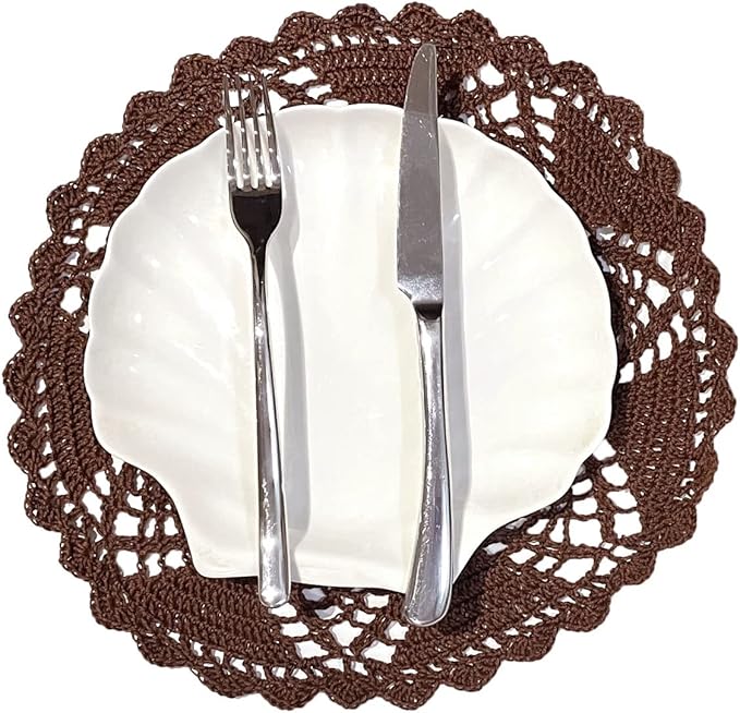 BIBITIME Lace Placemats Table Doilies Round Handmade Crochet Doily Kitchen Cup Mug Mats (Coffee, 11 to 12 inches-2PCS)