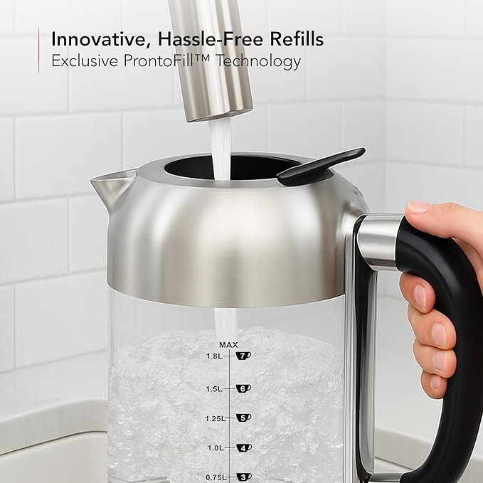 OVENTE Electric Kettle, 1500W No Plastic 1.8L Tea Kettle and Hot Water Boiler For Coffee or Tea, Easy to Fill Lid, Automatic Shut-Off, Borosilicate Glass with Stainless Steel Spout, Silver KG71S