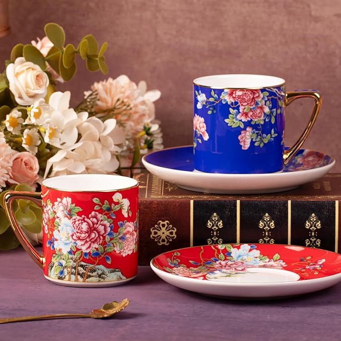 KAMMAK Tea Cups and Saucers Set of 2, Porcelain Coffee Cups with Saucer for Espresso, Cappuccino, 7.5oz Vintage Red and Blue Ceramic Novelty Mug for Home, Tea Party, Office