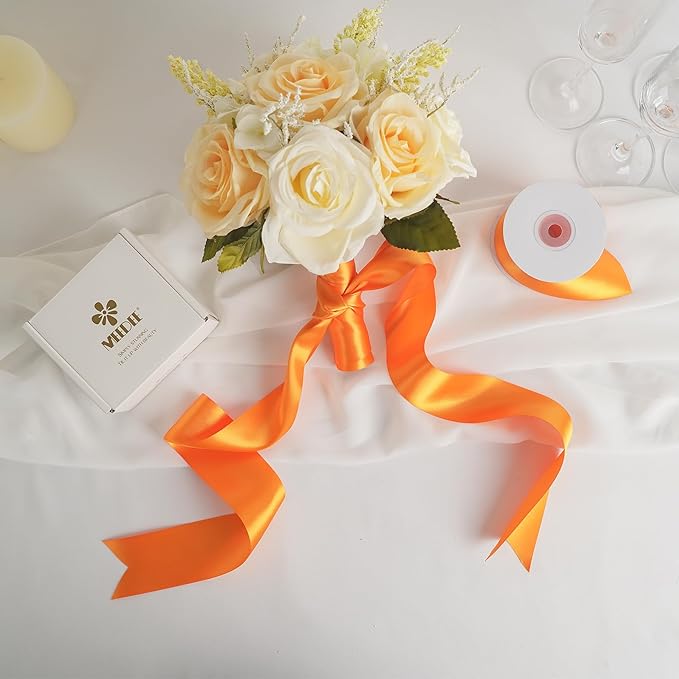 MEEDEE Orange Satin Ribbon - 25 Yards Neon Tangerine, Double Faced Satin for Christmas, Thanksgiving, Halloween, Weddings, Flower Bouquets