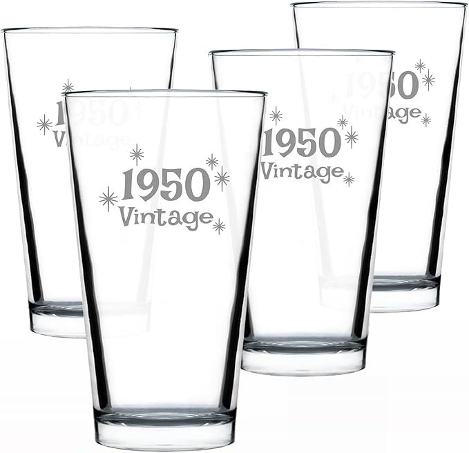 Bevvee Vintage 1950 Pint Glass for Beer - 76th Birthday Gifts for Men or Women Turning 76 - Fun Bday Party Decor - Set of 4-16 oz