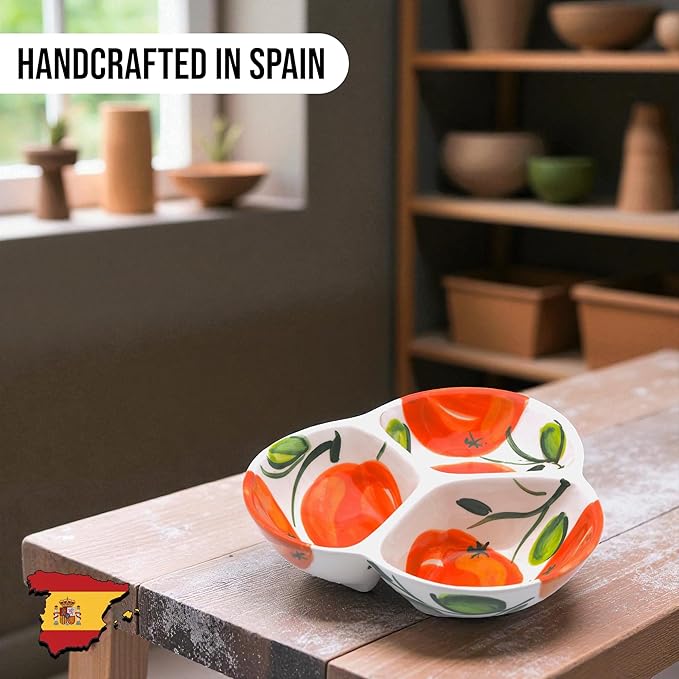 Ceramic Chip & Dip Bowl 7.5”, 3-Compartment Divided Serving Dish & Condiment Tray for Appetizers – Handmade in Spain, Lead-Free Glaze, Microwave, Oven & Dishwasher Safe