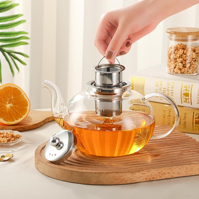 50OZ/1500ML Glass Teapot with Stainless Steel Removable Infuser & Lid, Stovetop & Microwave Safe Clear Borosilicate Glass Tea Maker Water Kettle for Loose Leaf Blooming Tea
