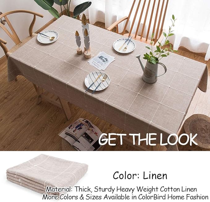 ColorBird Farmhouse Table Cloth Rectangle, 52 x 70 Inch Solid Embroidery Lattice Tablecloth Linen Dining Table Cover for Kitchen Holiday Party