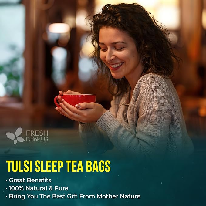 FreshDrinkUS, Tulsi Sleep Tea Bags | 135 Tea Bags | Herbal Blend with Tulsi Holy Basil, Chamomile, Gotu Kola, Ashwagandha & Peppermint | Naturally Caffeine-Free, Relaxing Evening Herbal Tea. Vegan