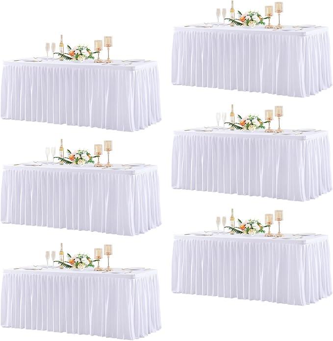 Wish Care 6 Pack White Rectangle Table Clothes for 6 Foot Tables, Polyester Fitted Tablecloths 6ft Stretch Table Cover for Wedding, Birthday, Parties, Trade Show, Craft Show