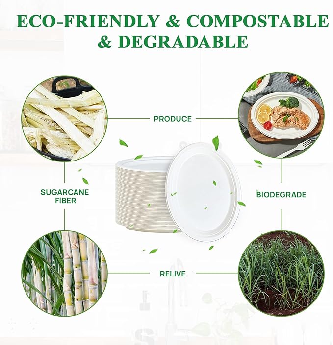 Vplus 100% Compostable Oval Paper Plates 10 inch 125 Pack Super Strong Disposable Paper Plates Bagasse Natural Biodegradable Eco-Friendly Sugarcane for BBQ, Party, Gathering, and Picnic