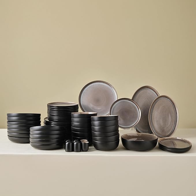 Karaca Mercure 59 Piece Stoneware Plates and Bowls Set, Reactive Glaze Black Dinner Set, Complete Kitchen Tableware Collection, Ideal Dinnerware for 12 People Dining Experience, Dishwasher Safe