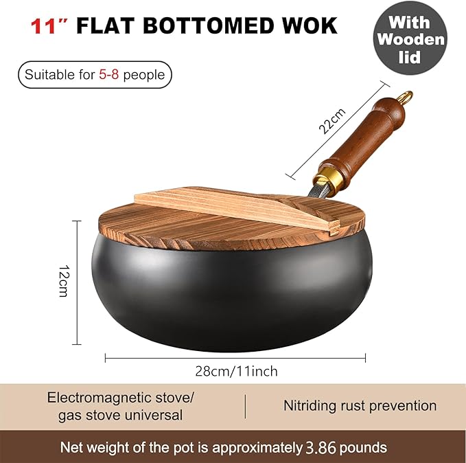 Carbon Steel Wok Pan, 11" Woks & Stir-Fry Pans with Wooden Lid Cookwares, Nonstick Wok Flat Bottom Small Handmade Chinese Wok For for All Stoves