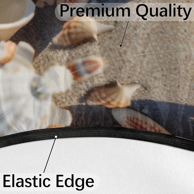 Outdoor Round Tablecloth with Umbrella Hole, Shell Starfish Fitted Table Cloth with Elastic 45"-56" Waterproof Oil-Proof Circle Patio Table Cover for Picnic Camping Party