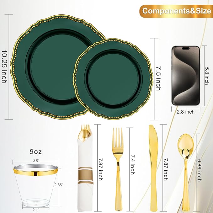 Hioasis 350pcs Green Gold Plastic Plates - Gold Plastic Dinnerware Set Includes 50 Dinner Plates, 50 Dessert Plates, 50 Gold Utensils, 50 Napkins Perfect for Wedding & St. Patrick's Day