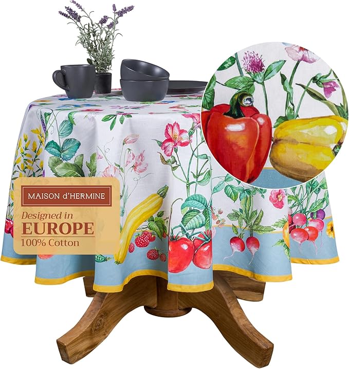 Maison d' Hermine Table Cloth Round Table 100% Cotton 63 Round Inches Tablecloth Reusable Decorative for Dining Room Farmhouse Home Valentines Day Decorations Spring Summer - Giverny