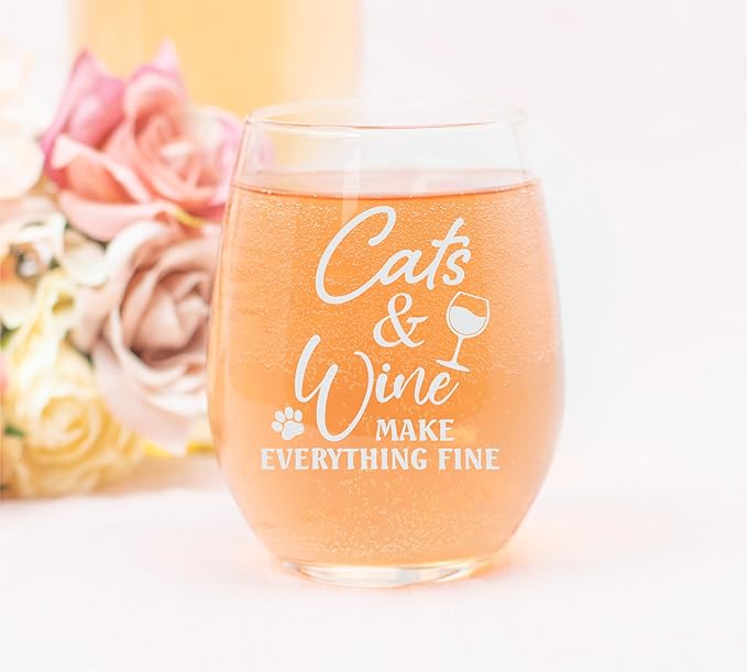 C M - Cats and Wine Make Everything Fine Funny Stemless Wine Glass - Cat Lover Themed Gift for Women and Men - 17 oz. (Style CW2)