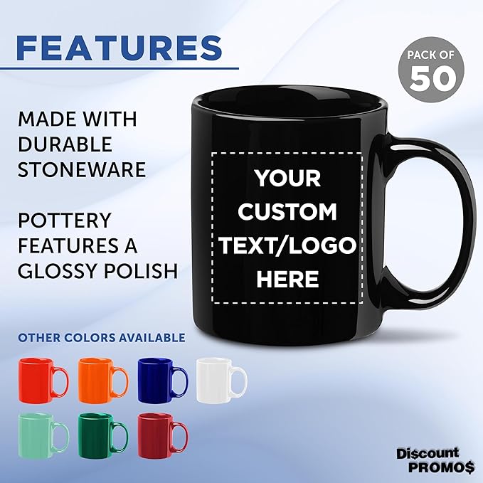 Custom Ceramic Coffee Mugs 11 oz. Set of 50, Personalized Bulk Pack - Coffee cup set, Iced coffee cup, Gaming mug - Black