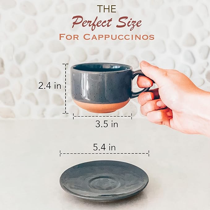Mora Ceramics 8oz Cappuccino Mug Set of 4 - Ceramic Coffee Cups with Saucers - Microwave and Dishwasher Safe, Perfect For Tea, Espresso, Latte - Porcelain Mugs for Kitchen or Cafe - Assorted Neutrals