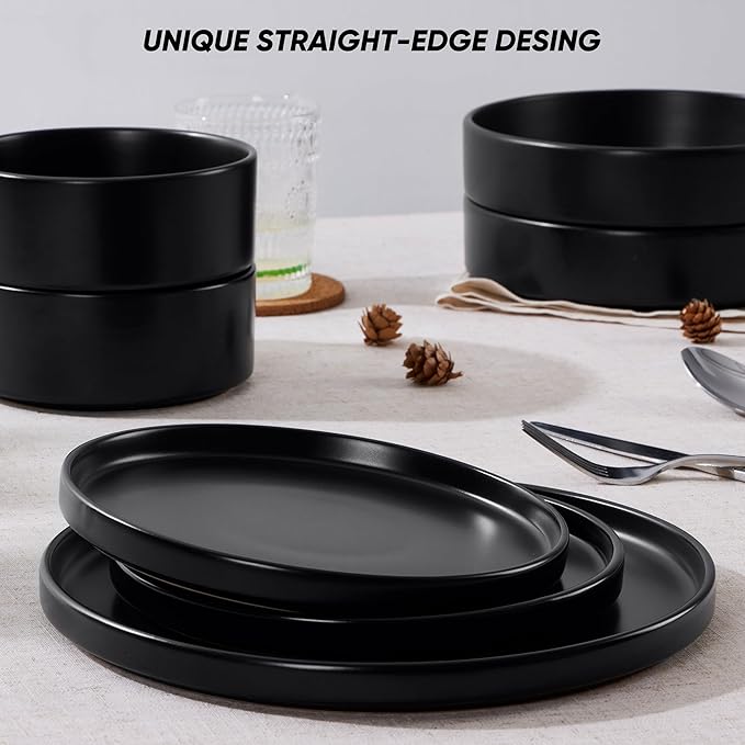 E-far 8-Piece Black Plates and Bowls Sets - Stoneware Dinnerware Sets with Pasta Bowls for 2 | Matte Black Kitchen Modern Dish Set, Microwave & Dishwasher Safe