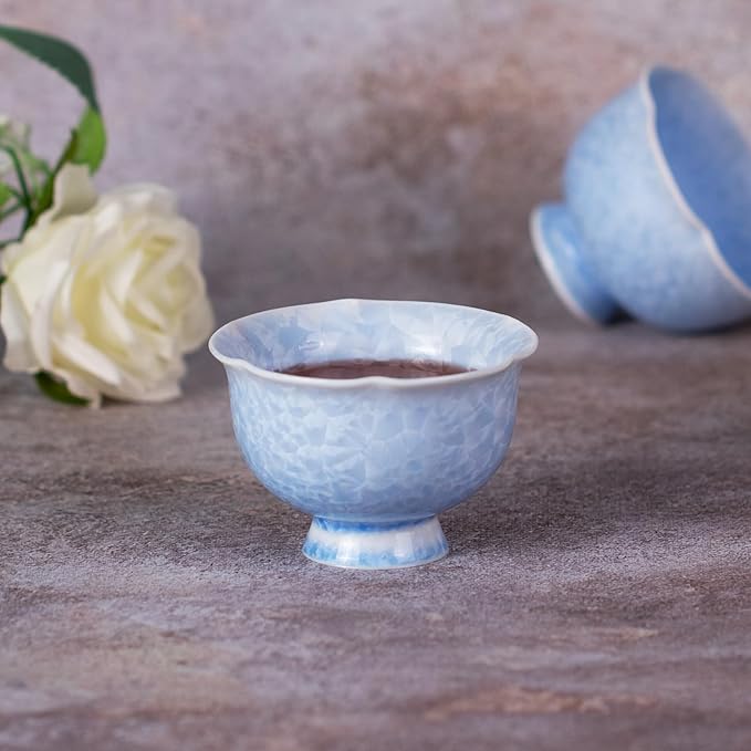 KAMMAK Ceramic Tea & Coffee Cups Set of 2 - Vintage Crystalline Glaze Espresso Mugs, 3.2oz Hand Painted for Afternoon Tea or Coffee, Birthday Gift for Women Men, Flower-Mouth Cup