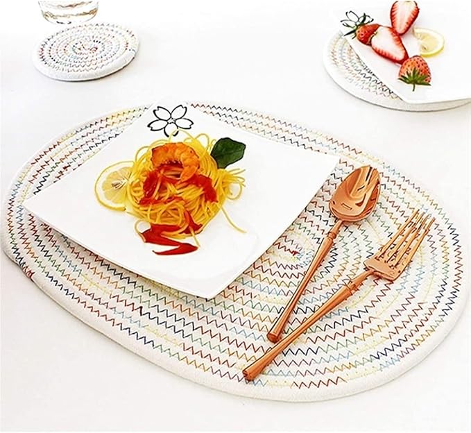 Cotton Woven Braided Round Coasters and Place Mats for Patio Outdoor Dining Kitchen Table Farmhouse Home Decor(Blue Series,R 30cm)