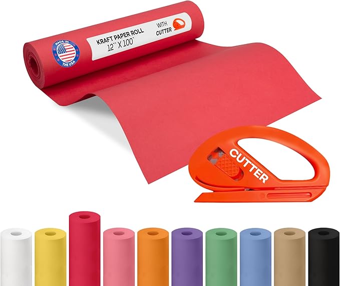 Christmas Red Kraft Paper Roll 12" x 1200" (100 feet) with Cutter - USA-Made Wrapping Paper for Packing, Moving, Shipping & Crafts/Arts - 100% Recyclable Natural Craft Material by IDL Packaging