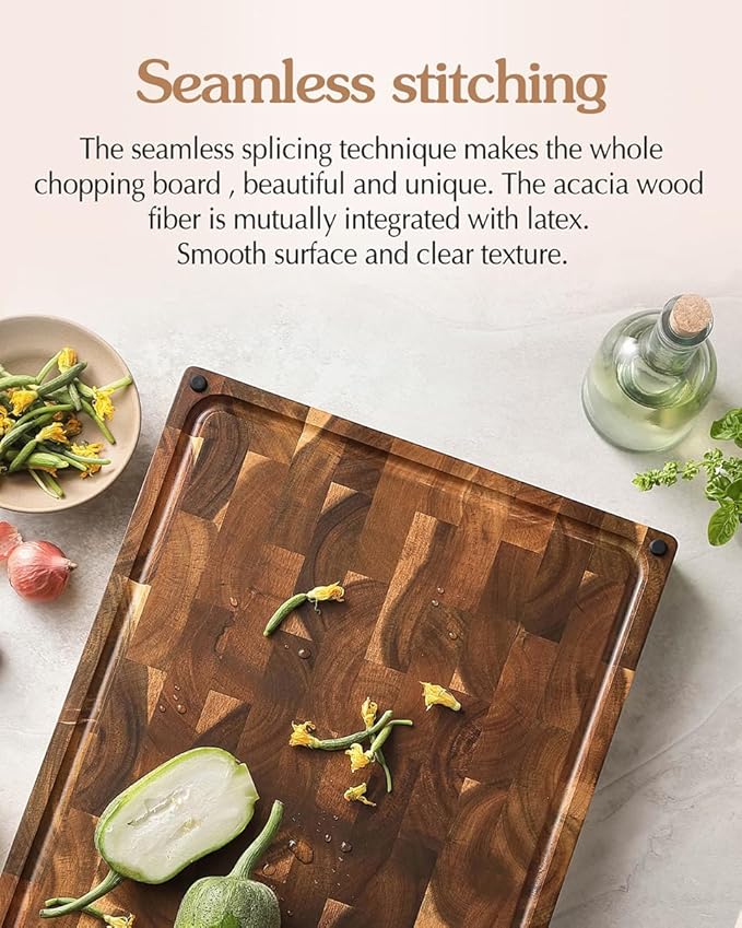 XINZUO Large Thick End Grain Acacia Wood Cutting Board- (19''L x 14''W x 1.5''T) Reversible Wooden Chopping Board with Non-Slip Feet, Built-in Handles and Juice Groove- Butcher Block Cutting Board