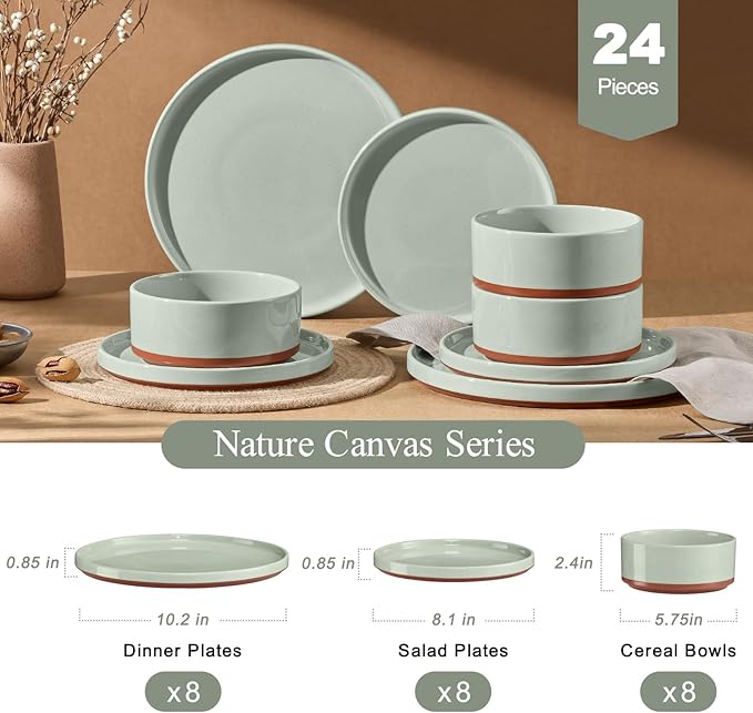 LIANYU Stoneware Dinnerware Sets Service for 8, 24 PCS Plates and Bowls Sets, Handmade Ceramic Dish Set, Highly Chip and Crack Resistant Modern Plate Set, Laurel Green