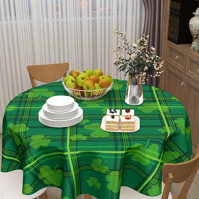 St. Patrick's Day Round Tablecloth 70 Inch Green Plaid Shamrock Print Circle Table Cloth Seasonal Holiday Saint Patrick Table Cover for Party Kitchen Dinner Home Decor