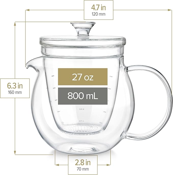 Teabloom Gardenia Glass Teapot with Infuser – 100% Borosilicate Glass, Microdot Infuser for Loose Leaf Tea, 27 oz (3-Cup) Capacity, Plastic-Free & Lead-Free, Stovetop Safe