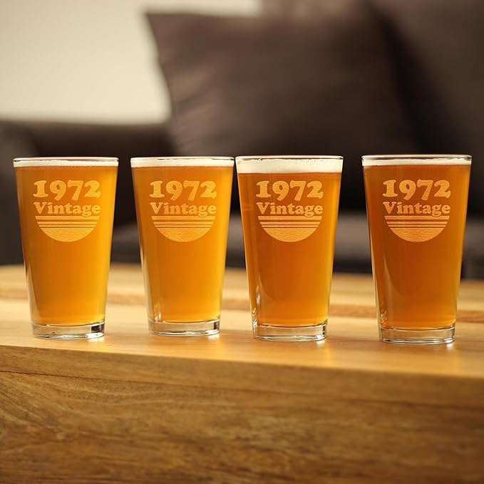 Bevvee Vintage 1972 Pint Glass for Beer - 54th Birthday Gifts for Men or Women Turning 54 - Fun Bday Party Decor - Set of 4-16 oz